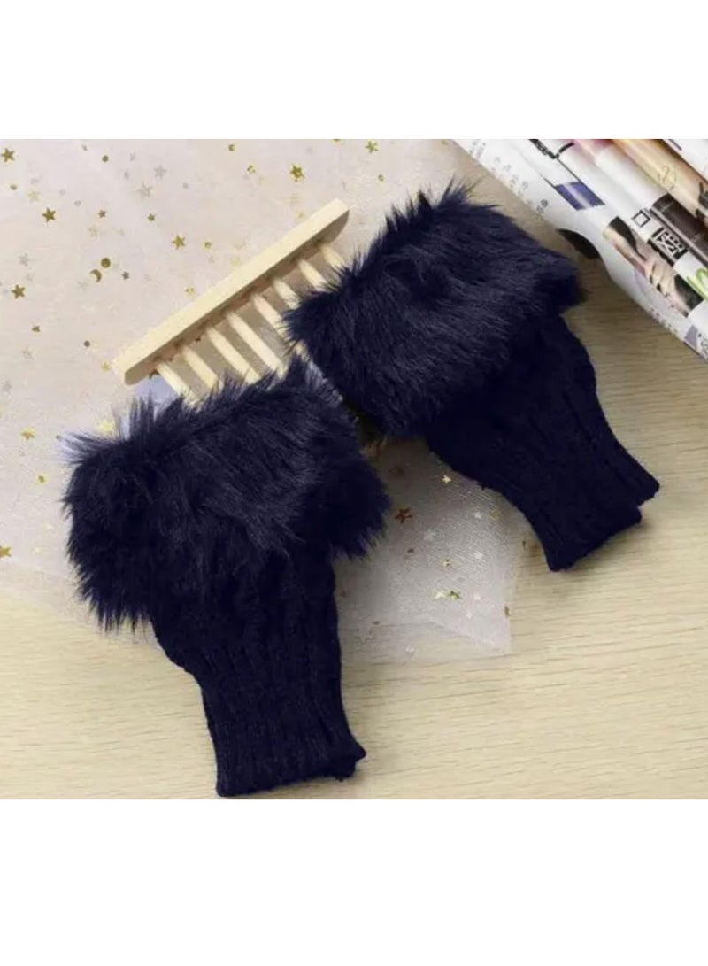 Woolen Winter Fashion Fur Ladies Gloves Pair Blue - Image 2