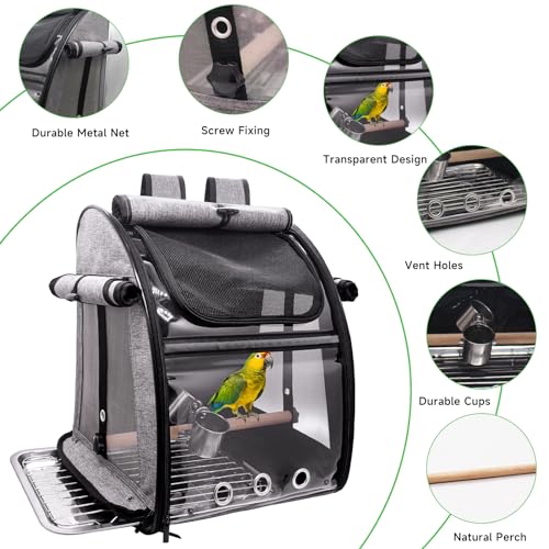 Autokcan Bird Carrier Bag with Perch Bird Travel Carrier Backpack with Stainless Steel Plate and Mesh Portable Transparent Parakeet Travel Cage with Feeder Cups for Small Birds Parakeet Parrot - Image 3