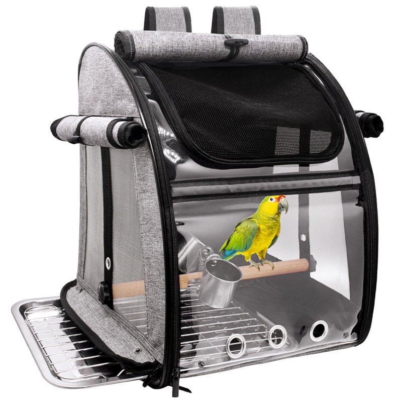 Autokcan Bird Carrier Bag with Perch Bird Travel Carrier Backpack with Stainless Steel Plate and Mesh Portable Transparent Parakeet Travel Cage with Feeder Cups for Small Birds Parakeet Parrot - Image 2