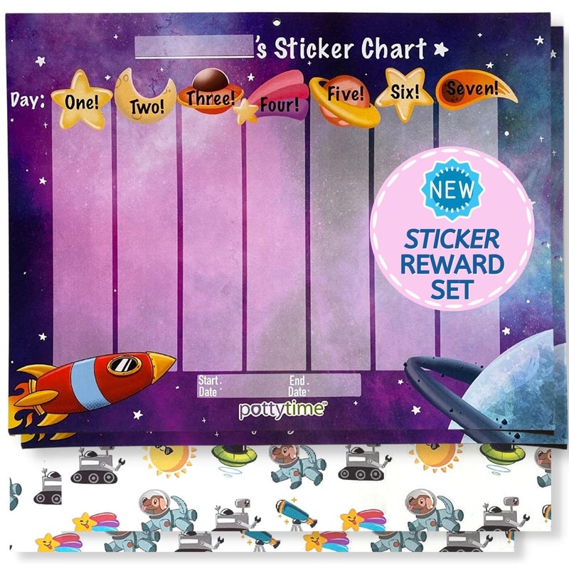 POTTY TIME Potty Watch Training Sticker Chart - Potty Training with 4-Weekly Space Themed Charts & 144 Stickers - Easy to Peel Stickers for Kids - Reward Their Efforts, Fosters Fun & Independence - Image 1