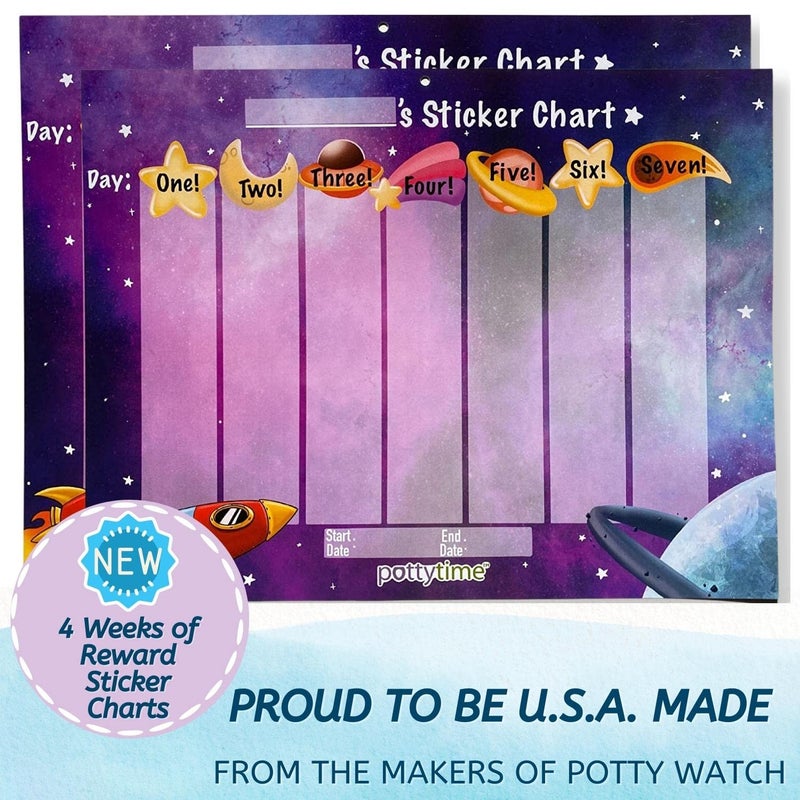 POTTY TIME Potty Watch Training Sticker Chart - Potty Training with 4-Weekly Space Themed Charts & 144 Stickers - Easy to Peel Stickers for Kids - Reward Their Efforts, Fosters Fun & Independence - Image 3