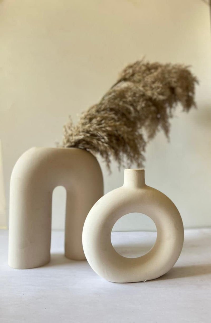 Craftribal Donut and Minimalist Flower Vase Set of 2 Matte Finish 8 inches Combo Pack of 2 Pcs WhiteCeramic - Image 1