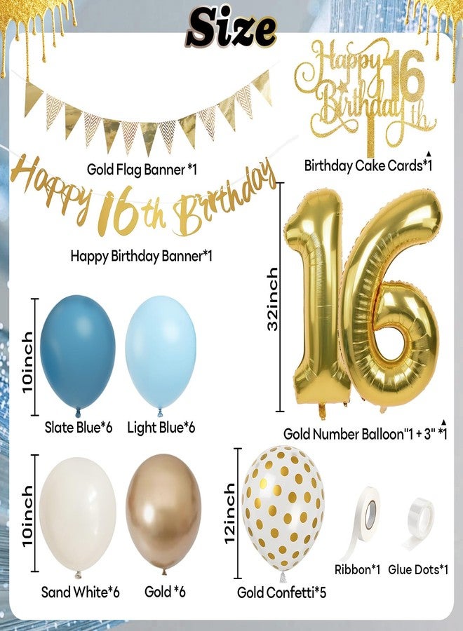 Paeyeq Sweet 16th Birthday Decorations for Boys Girls, Dusty Blue Cream White Gold 16 Balloon Happy 16th Birthday Bunting Banner Cake Topper Number 16 Year Old Foil Balloon for birthday Party Decor - Image 2