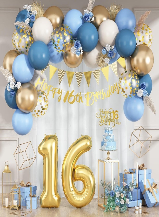 Paeyeq Sweet 16th Birthday Decorations for Boys Girls, Dusty Blue Cream White Gold 16 Balloon Happy 16th Birthday Bunting Banner Cake Topper Number 16 Year Old Foil Balloon for birthday Party Decor - Image 3