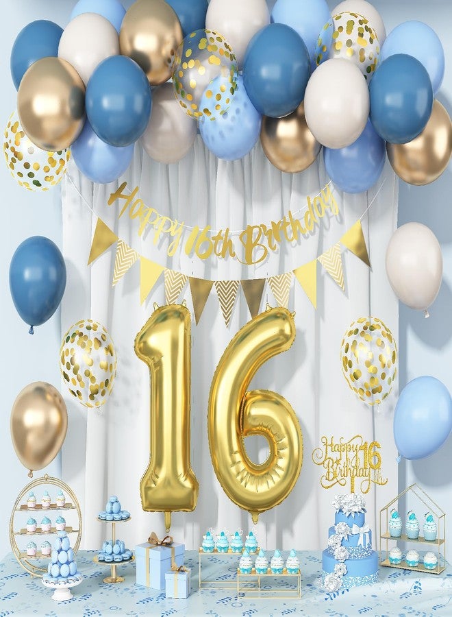 Paeyeq Sweet 16th Birthday Decorations for Boys Girls, Dusty Blue Cream White Gold 16 Balloon Happy 16th Birthday Bunting Banner Cake Topper Number 16 Year Old Foil Balloon for birthday Party Decor - Image 1