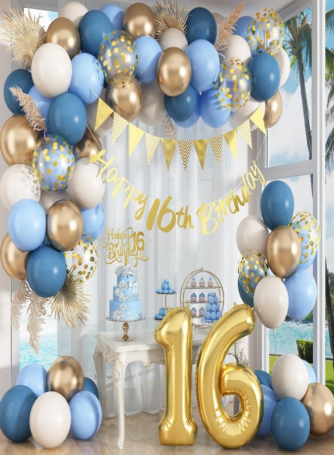 Paeyeq Sweet 16th Birthday Decorations for Boys Girls, Dusty Blue Cream White Gold 16 Balloon Happy 16th Birthday Bunting Banner Cake Topper Number 16 Year Old Foil Balloon for birthday Party Decor - Image 4