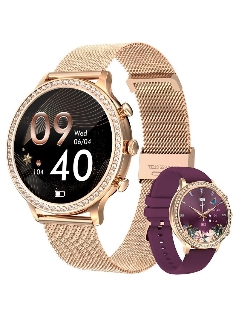 LIGE Newest Fashion Smart Watch for Ladies Bluetooth Call Smart Bracelet Waterproof Smartwatch Mesh Rose Gold & Silicone Wine Red Strap - Image 1