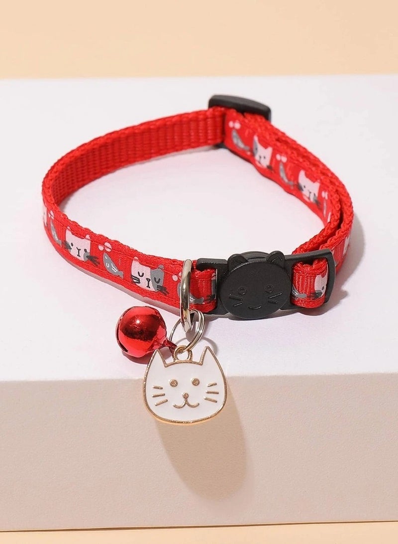 طوق قابل للتعديل للقطط مع جرس وقلادة لطيفة - أحمر - Image 1