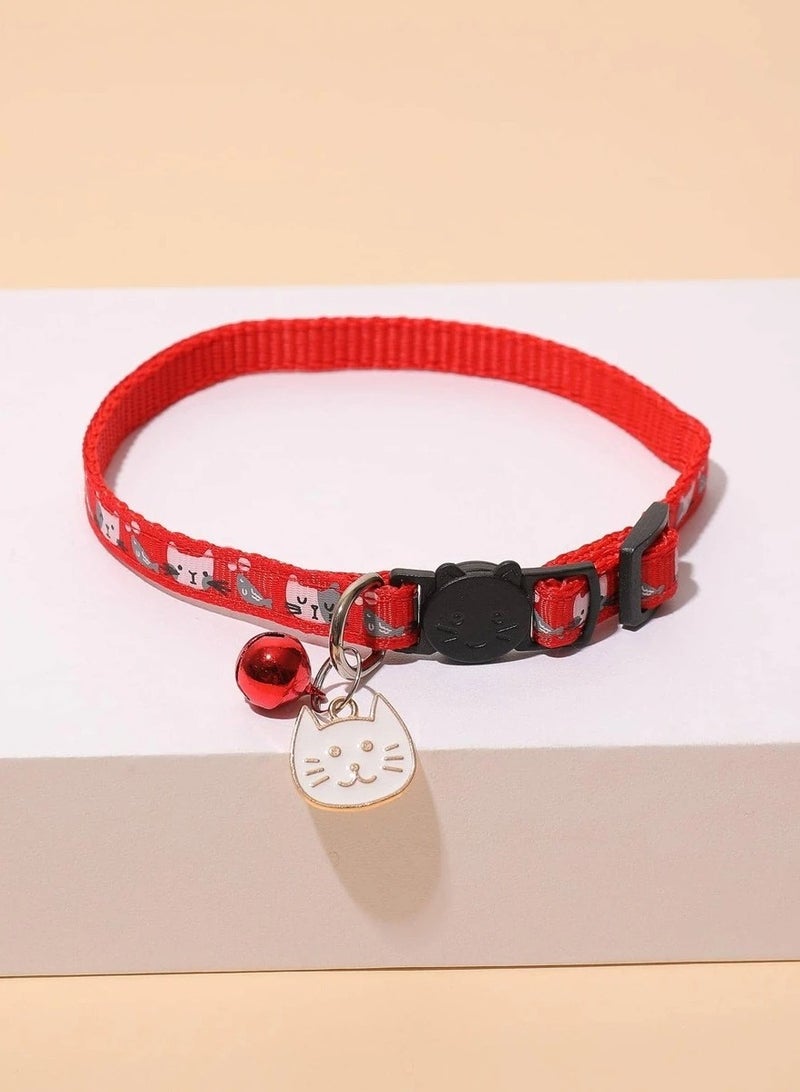 طوق قابل للتعديل للقطط مع جرس وقلادة لطيفة - أحمر - Image 2
