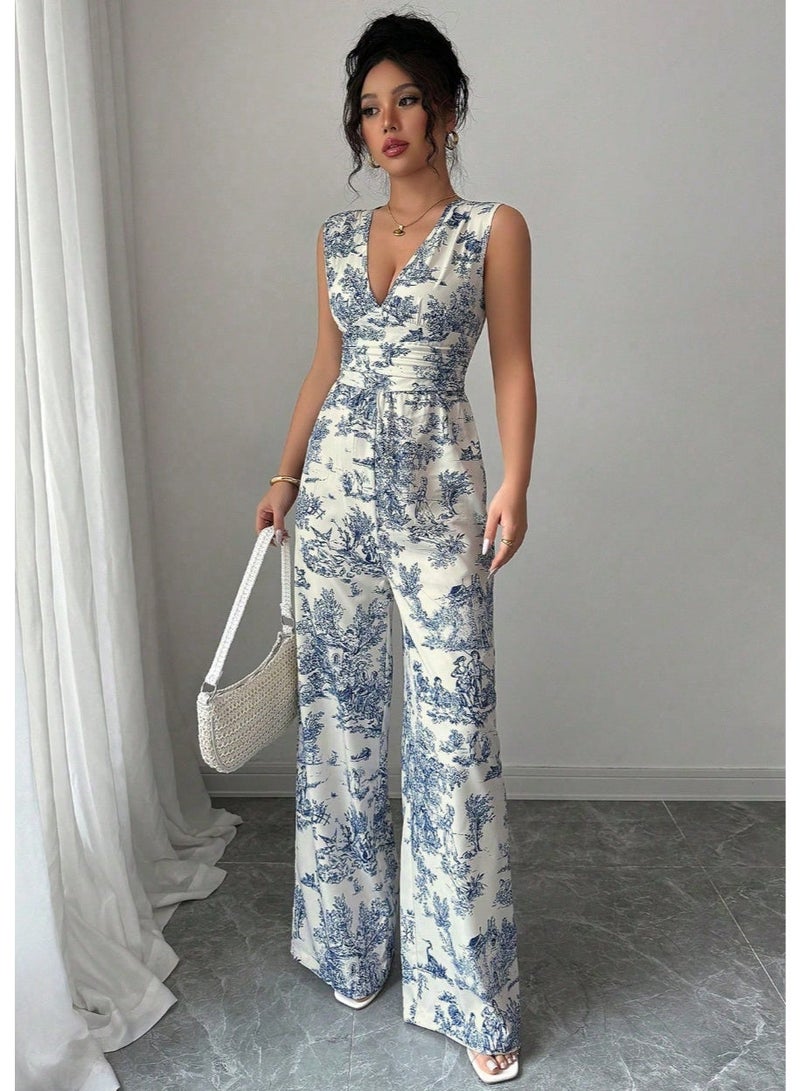 SHEIN Women's Summer Vacation Plant Print Sleeveless Wide Leg Jumpsuit - Image 5