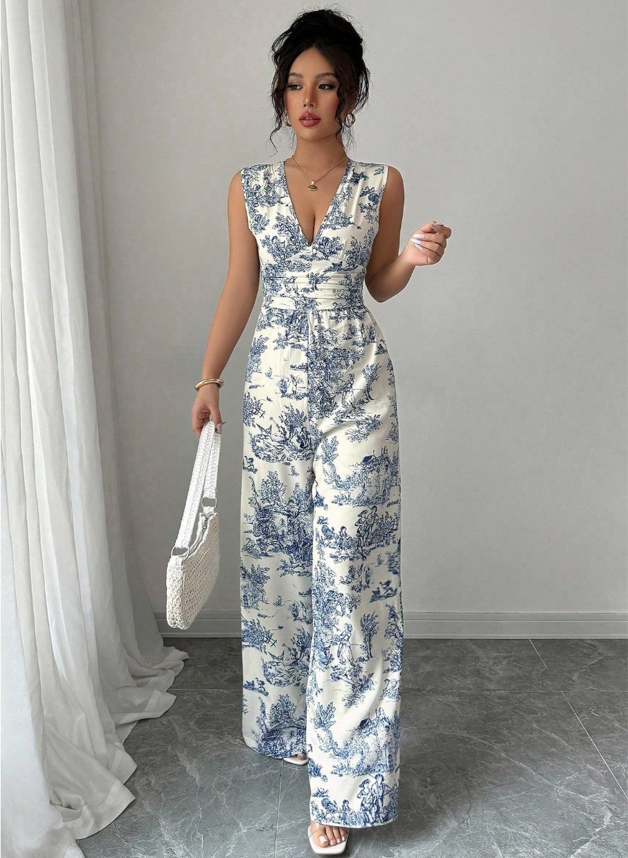 SHEIN Women's Summer Vacation Plant Print Sleeveless Wide Leg Jumpsuit