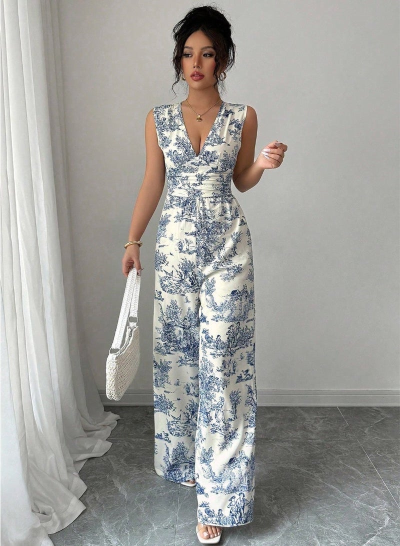 SHEIN Women's Summer Vacation Plant Print Sleeveless Wide Leg Jumpsuit - Image 1
