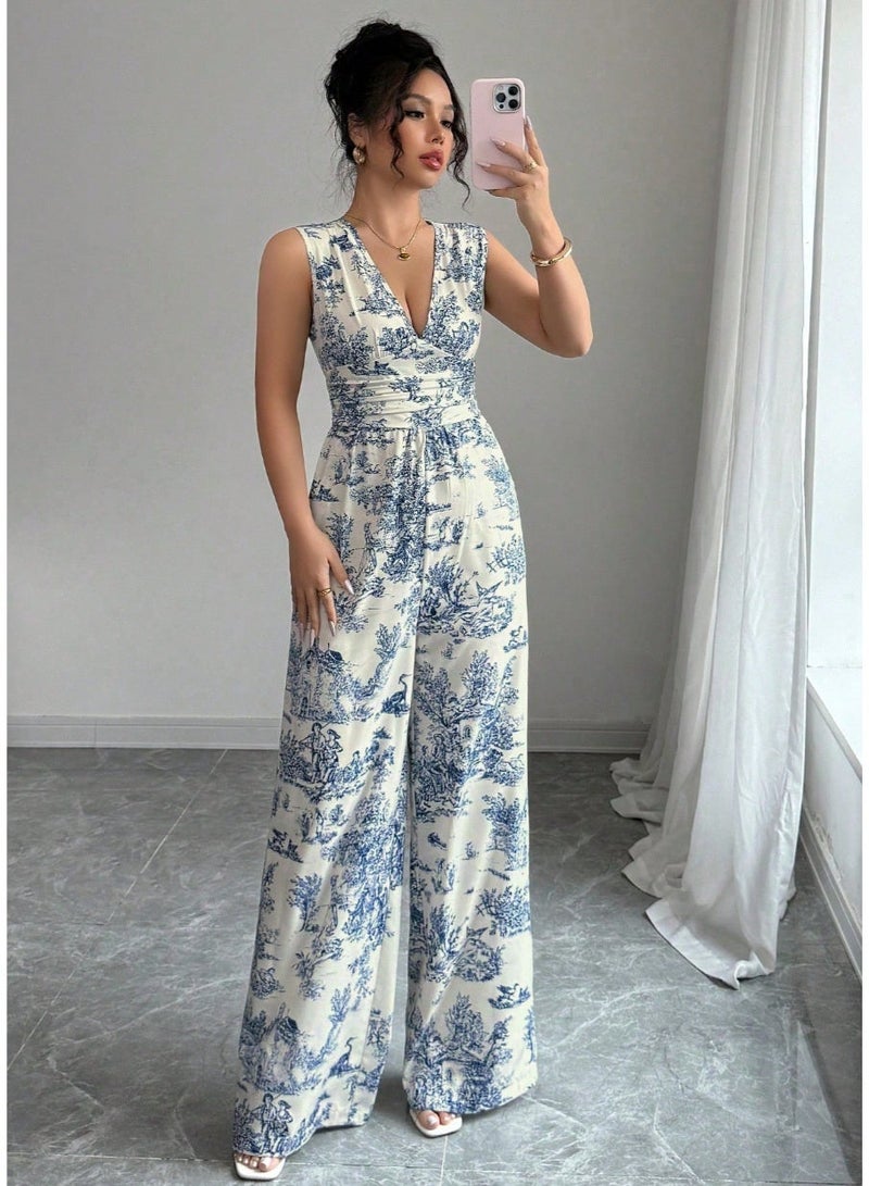 SHEIN Women's Summer Vacation Plant Print Sleeveless Wide Leg Jumpsuit - Image 3