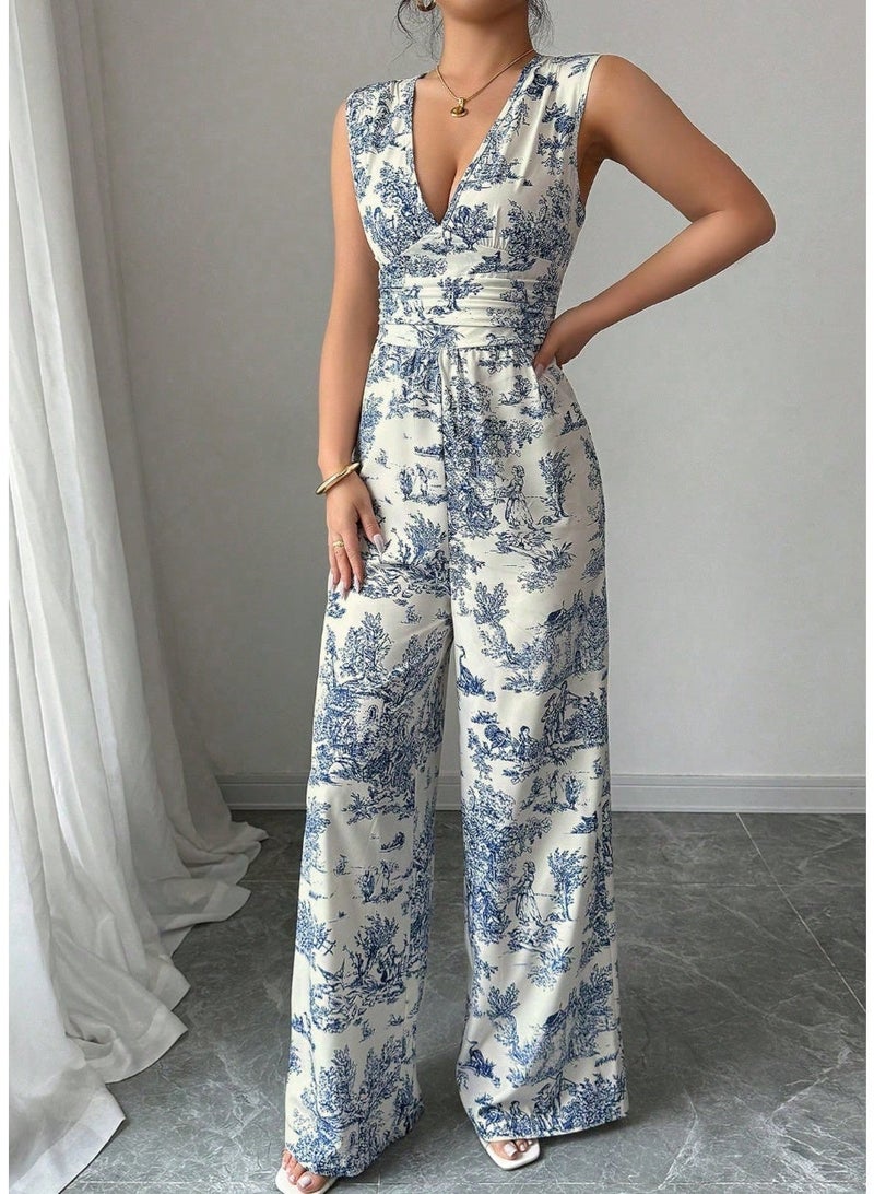 SHEIN Women's Summer Vacation Plant Print Sleeveless Wide Leg Jumpsuit - Image 4