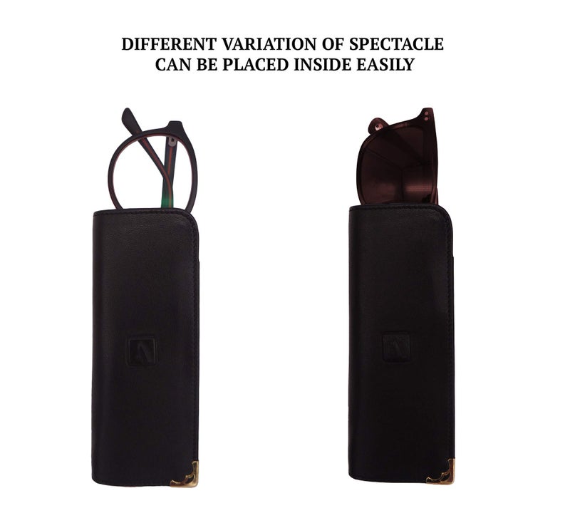 Adamis Genuine Leather Spectacles Soft Pouch for Men and Women Flexible And Durable For Sunglass Eyeglass And Reading Glass Holder compact size W43 Black, Size 6 x 15 cm - Image 4