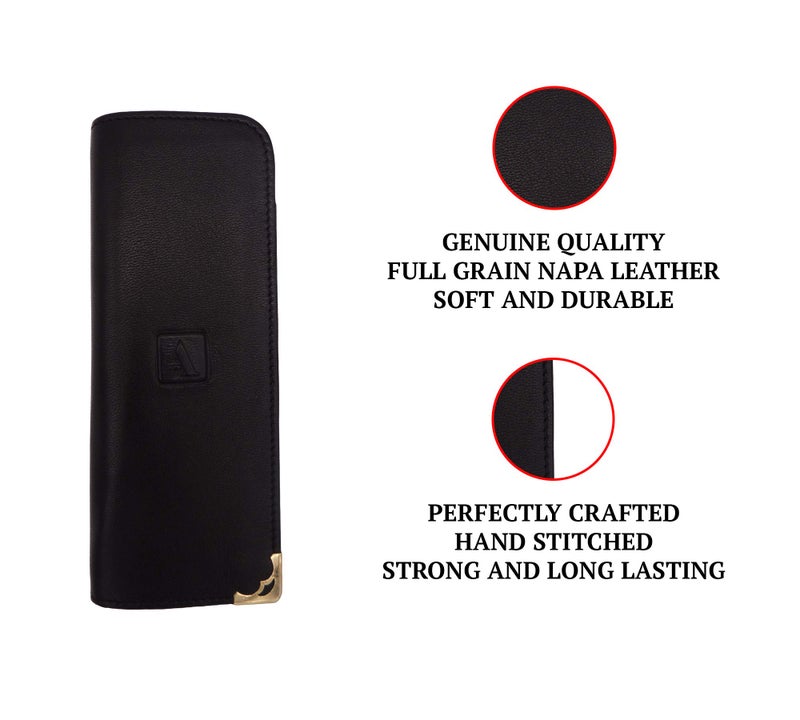 Adamis Genuine Leather Spectacles Soft Pouch for Men and Women Flexible And Durable For Sunglass Eyeglass And Reading Glass Holder compact size W43 Black, Size 6 x 15 cm - Image 2