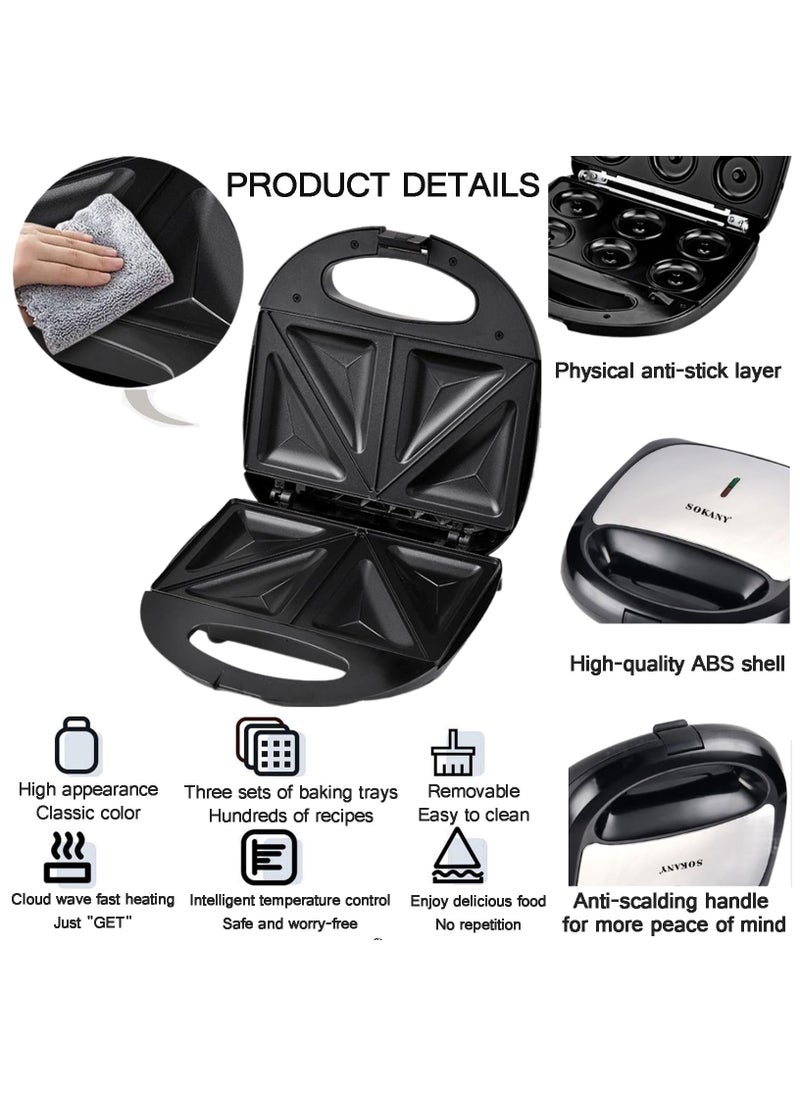 sokany - 3 in 1 Electric Donut Sandwich Baking Machine,Toaster,Waffle Iron,with Removable Non-Stick Plates,Multifunctional Panini Press Grill,Easy to Use & Clean for WaffleMaker - Image 1