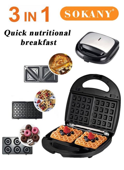 3-In-1 Electric Waffle Maker, Sandwich Toaster & Donut Maker | Non-Stick Removable Plates, Easy Clean | Multifunctional Panini Press & Grill for Breakfast.