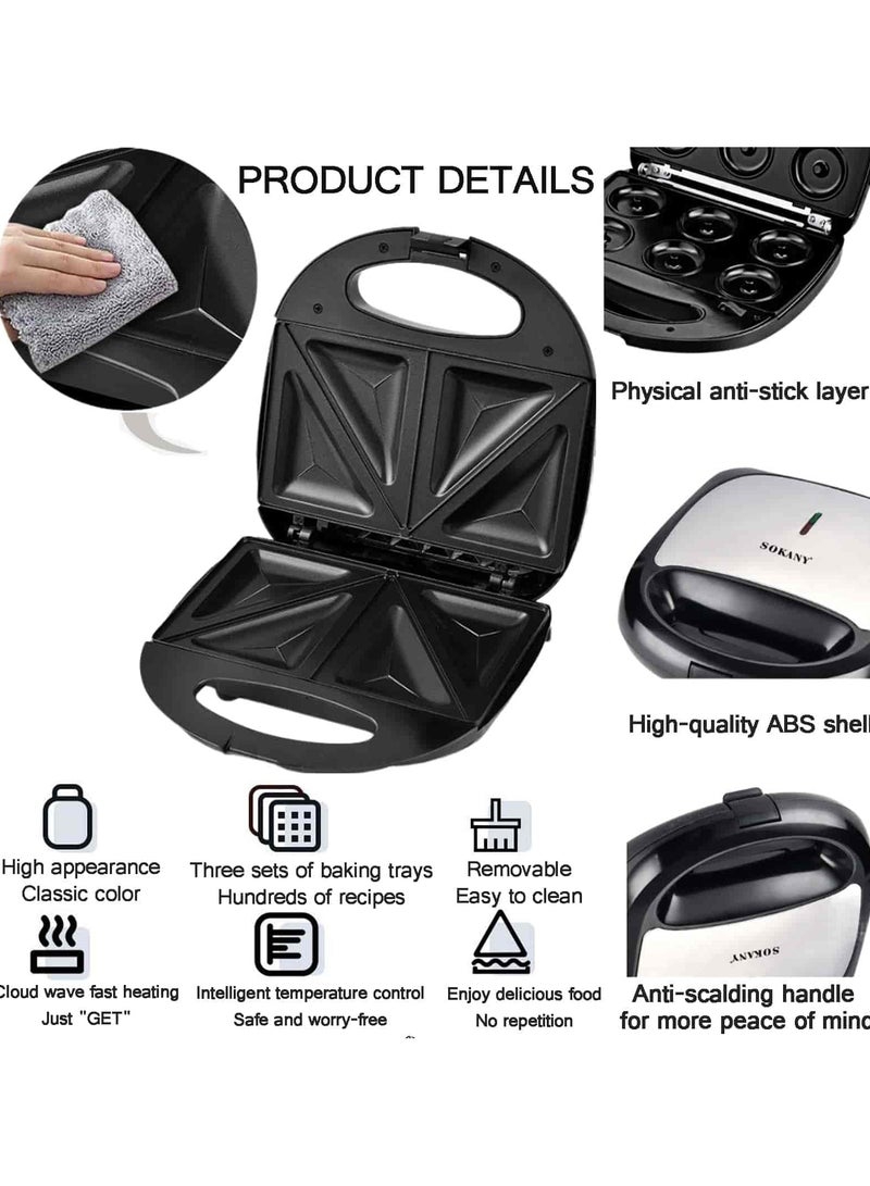 3-In-1 Electric Waffle Maker, Sandwich Toaster & Donut Maker | Non-Stick Removable Plates, Easy Clean | Multifunctional Panini Press & Grill for Breakfast.