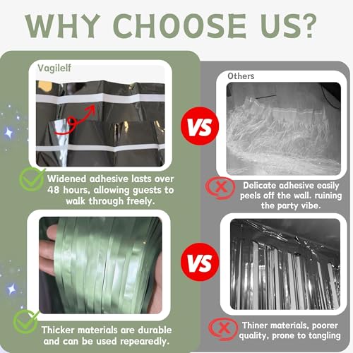 Vagilelf 2 Pack Sage Green Party Decorations, Matte Foil Fringe Curtain Backdrop for Birthday, Bachelorette & Martini Party, Photo Background for Wall Doorway Table, 6.6×3.3 ft - Image 3