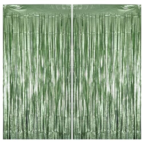 Vagilelf 2 Pack Sage Green Party Decorations, Matte Foil Fringe Curtain Backdrop for Birthday, Bachelorette & Martini Party, Photo Background for Wall Doorway Table, 6.6×3.3 ft - Image 1