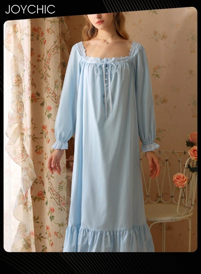Joychic فستان نوم طويل بأكمام طويلة على طراز الأميرة الفرنسية العتيقة، مناسب للربيع والصيف والخريف، مصنوع من القطن القابل للتنفس، ملابس نوم للنساء باللون الأزرق - Image 1
