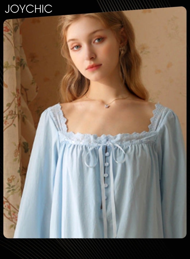 Joychic فستان نوم طويل بأكمام طويلة على طراز الأميرة الفرنسية العتيقة، مناسب للربيع والصيف والخريف، مصنوع من القطن القابل للتنفس، ملابس نوم للنساء باللون الأزرق - Image 2