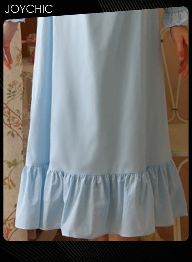 Joychic فستان نوم طويل بأكمام طويلة على طراز الأميرة الفرنسية العتيقة، مناسب للربيع والصيف والخريف، مصنوع من القطن القابل للتنفس، ملابس نوم للنساء باللون الأزرق - Image 4