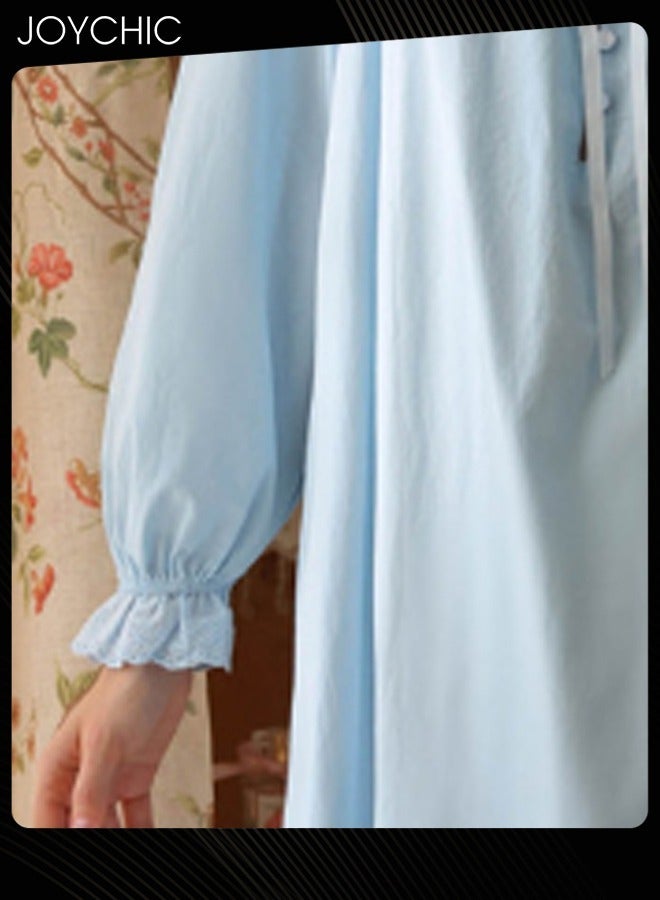 Joychic فستان نوم طويل بأكمام طويلة على طراز الأميرة الفرنسية العتيقة، مناسب للربيع والصيف والخريف، مصنوع من القطن القابل للتنفس، ملابس نوم للنساء باللون الأزرق - Image 3