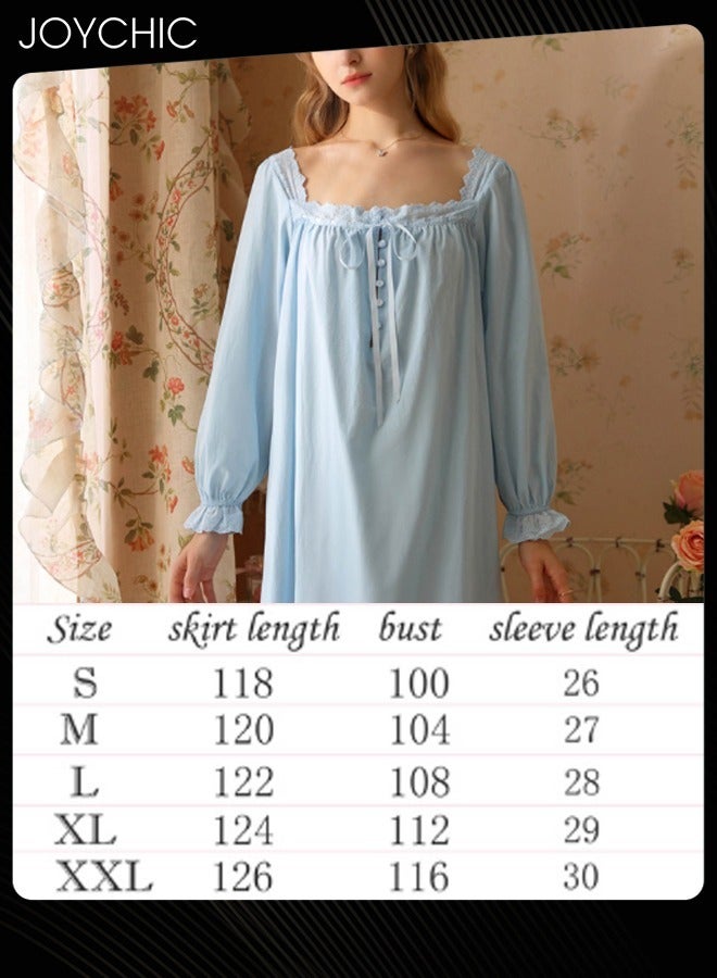 Joychic فستان نوم طويل بأكمام طويلة على طراز الأميرة الفرنسية العتيقة، مناسب للربيع والصيف والخريف، مصنوع من القطن القابل للتنفس، ملابس نوم للنساء باللون الأزرق - Image 5