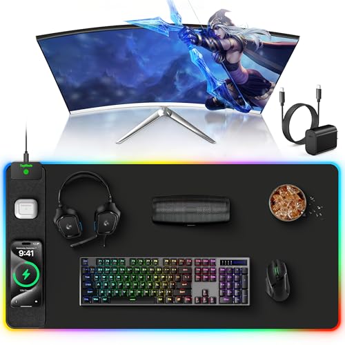 TopMade Wireless Charging Mouse Pad, RGB Gaming Mousepad Home Office Desk Pad, 31.5” x 15.8” XXL Large Desk Mat, Waterproof Keyboard Pad, Black (Includes 20W PD Power Adapter & 6.56ft Woven Cable) - Image 1