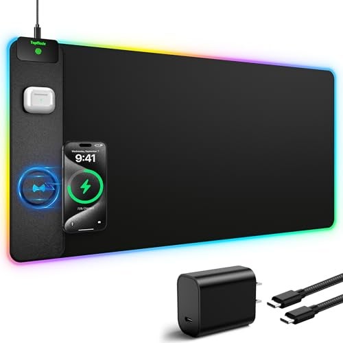 TopMade Wireless Charging Mouse Pad, RGB Gaming Mousepad Home Office Desk Pad, 31.5” x 15.8” XXL Large Desk Mat, Waterproof Keyboard Pad, Black (Includes 20W PD Power Adapter & 6.56ft Woven Cable) - Image 2