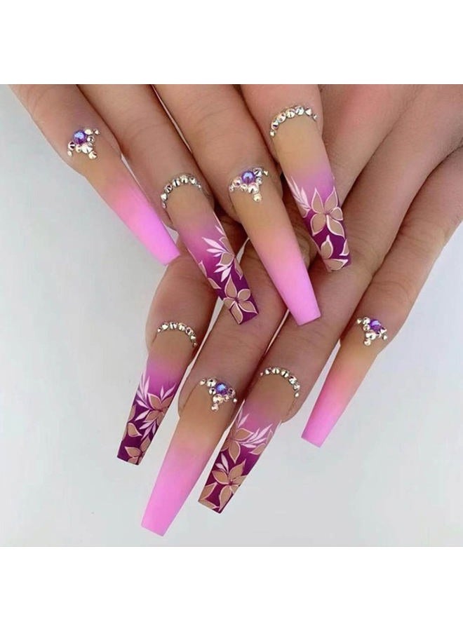 Foccna Artificail Extra Long Press on Nails, Rhinestone Pink Fake Nails with Glitter Acrylic Full Cover Fake Nails with Design Nail Tips for Women&Girls, 24PCS - Image 1