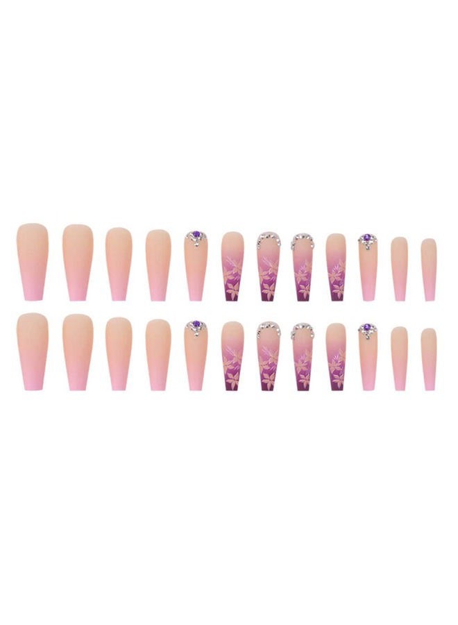 Foccna Artificail Extra Long Press on Nails, Rhinestone Pink Fake Nails with Glitter Acrylic Full Cover Fake Nails with Design Nail Tips for Women&Girls, 24PCS - Image 2