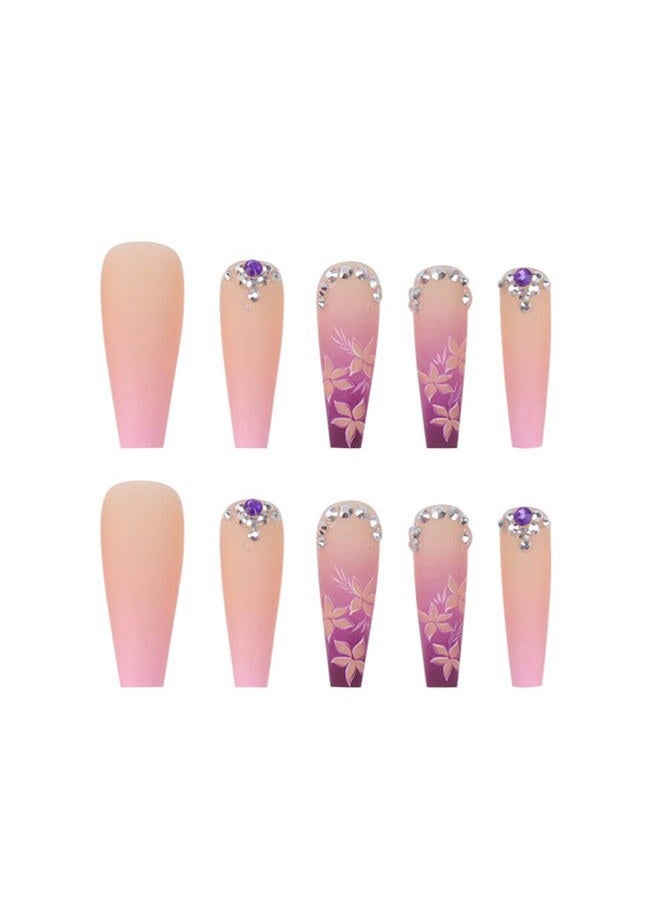 Foccna Artificail Extra Long Press on Nails, Rhinestone Pink Fake Nails with Glitter Acrylic Full Cover Fake Nails with Design Nail Tips for Women&Girls, 24PCS - Image 3