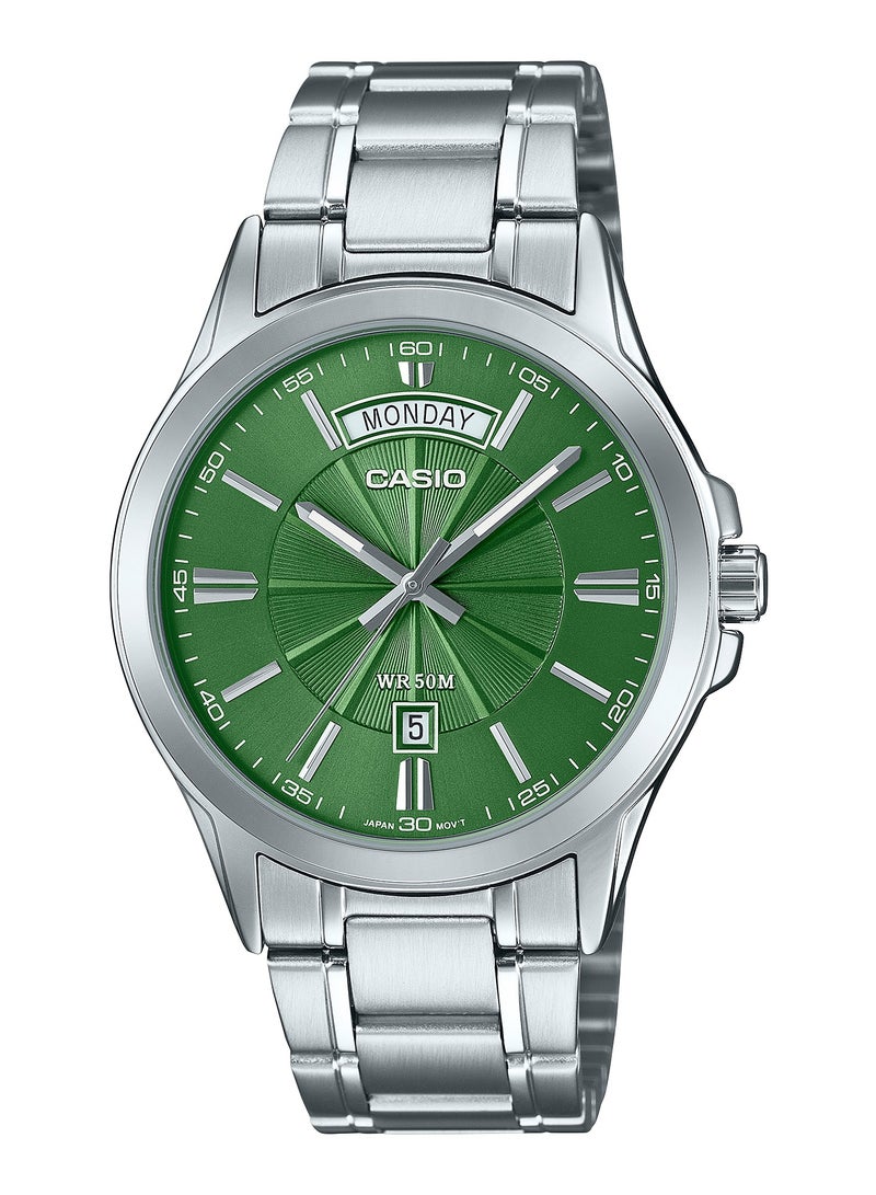 ساعة يد أنالوج للرجال MTP-1381D-3AVDF بقرص أخضر وسوار من الفولاذ المقاوم للصدأ