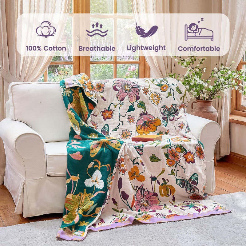 MSGKV Boho Throw Blanket 60"x80" Floral Blanket for Bed Couch 100% Cotton Spring Breathable Lightweight Farmhouse Twin Blankets All Seasons Home Decor Muslin - Image 2