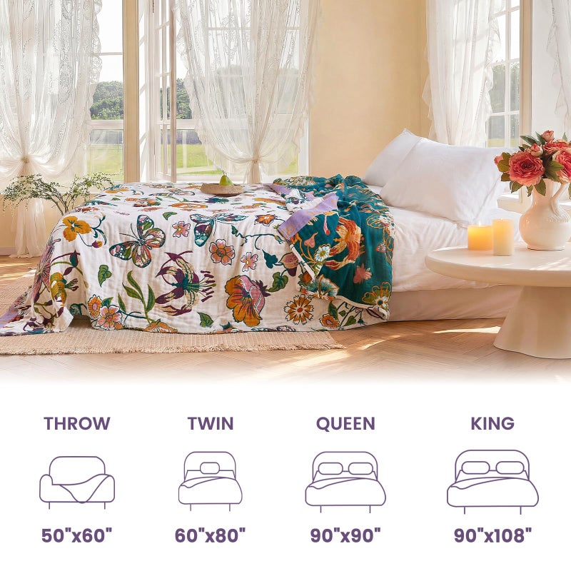 MSGKV Boho Throw Blanket 60"x80" Floral Blanket for Bed Couch 100% Cotton Spring Breathable Lightweight Farmhouse Twin Blankets All Seasons Home Decor Muslin - Image 5