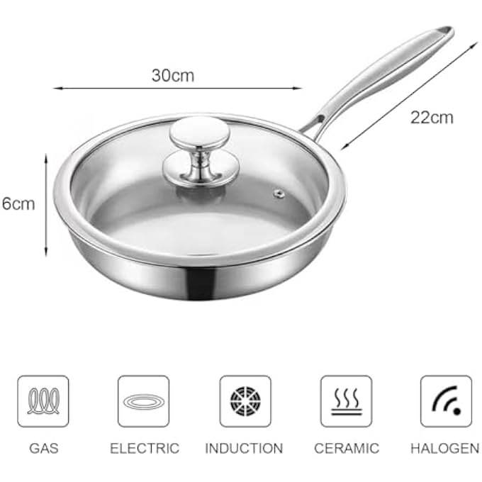 Unity Stainless Steel Frying PanLid Skillet Pan Frying Pan Thickened 304 Stainless Steel Uncoated 3 Layers Stainless Steel Skillet For Omelette Cooking Kitchen Breakfast Egg Frying Pot 30Cm - Image 2