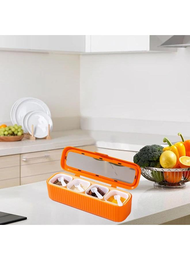 Thoraya - Seasoning Storage Box Sealed 4 Compartment Spice Container Set Household Storage Container Condiment Jars with Spoon Orange - Image 1