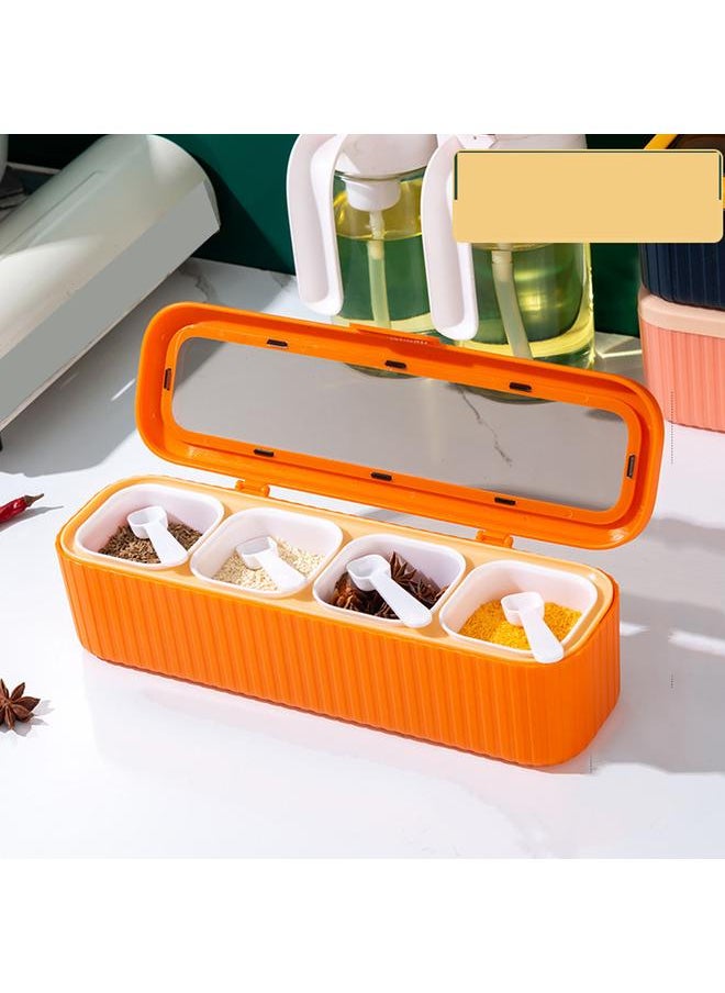 Thoraya - Seasoning Storage Box Sealed 4 Compartment Spice Container Set Household Storage Container Condiment Jars with Spoon Orange - Image 1