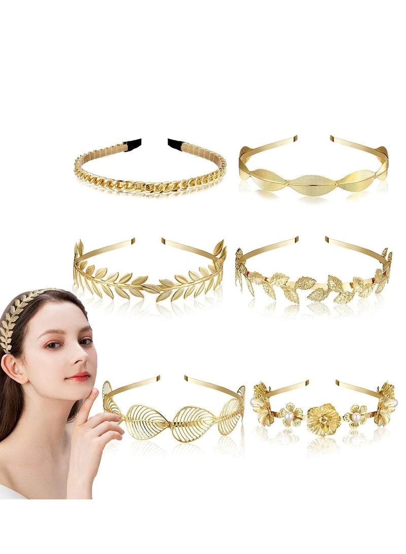 SYOSI مجموعة 6 قطع من عصبات الرأس بأوراق الذهب، تاج زهور وأوراق مع حجر الراين، إكسسوارات عصبة الرأس مع لؤلؤ صناعي، قطعة رأس معدنية للبرايم وإكسسوار زفافة لشعر النساء والفتيات لطراز أنيق - Image 1
