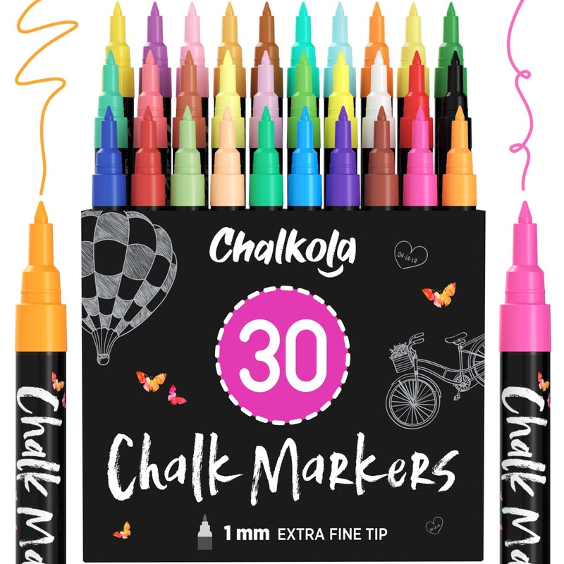 Chalkola Extra Fine Tip Liquid Chalk Markers for Blackboard (30 Pack 1mm) Pastel + Neon Chalk Pens - Erasable Dry Erase Marker for Chalkboard, Blackboards, Window, Bistro, Car - Fine Tip Chalkboard Markers - Image 1
