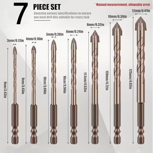 Obtheleg 7pcs Hex Shank Masonry Drill Bit Set, High Impact Power Drill Bits Set, Carbide Tip Drill Bits for Concrete, Tile, Brick, Plastic, Cement (3mm-12mm) - Image 2