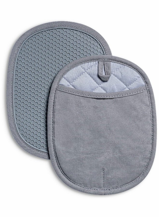 Silicone Pot Holders Sets, Heat Resistant Oven Hot Pads with Pockets Non-Slip Grip Large Potholders for Kitchen Baking Cooking | Quilted Liner | 9.8 x 7.6 Inches | Gray | Pack of 2  - Image 1