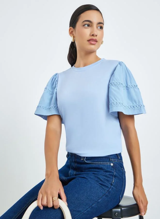 Styli Blue Lace Trim Short Sleeve T-Shirt