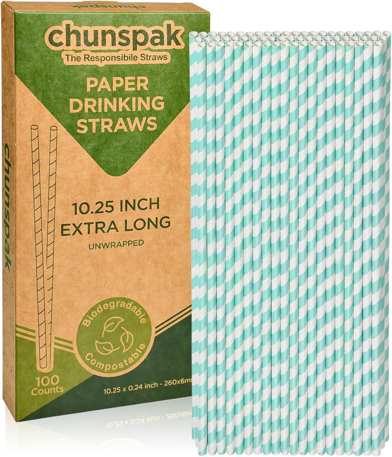 chunspak قصبة ورقية زرقاء مائية، طول إضافي 10 بوصات، عدد 100، قصبة ورقية مخططة باللون الأزرق الفاتح والأبيض لحفلات استقبال المولود والحفلات والكوكتيلات والحانات والمطاعم - Image 1