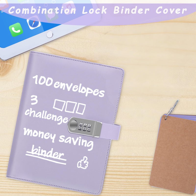Antner 100 Envelopes Money Saving Challenge with Password Lock, A5 Savings Challenges Book Budget Planner with Cash Envelopes for Money Saving - Password Lock to Protect Cash Security, Purple - Image 2