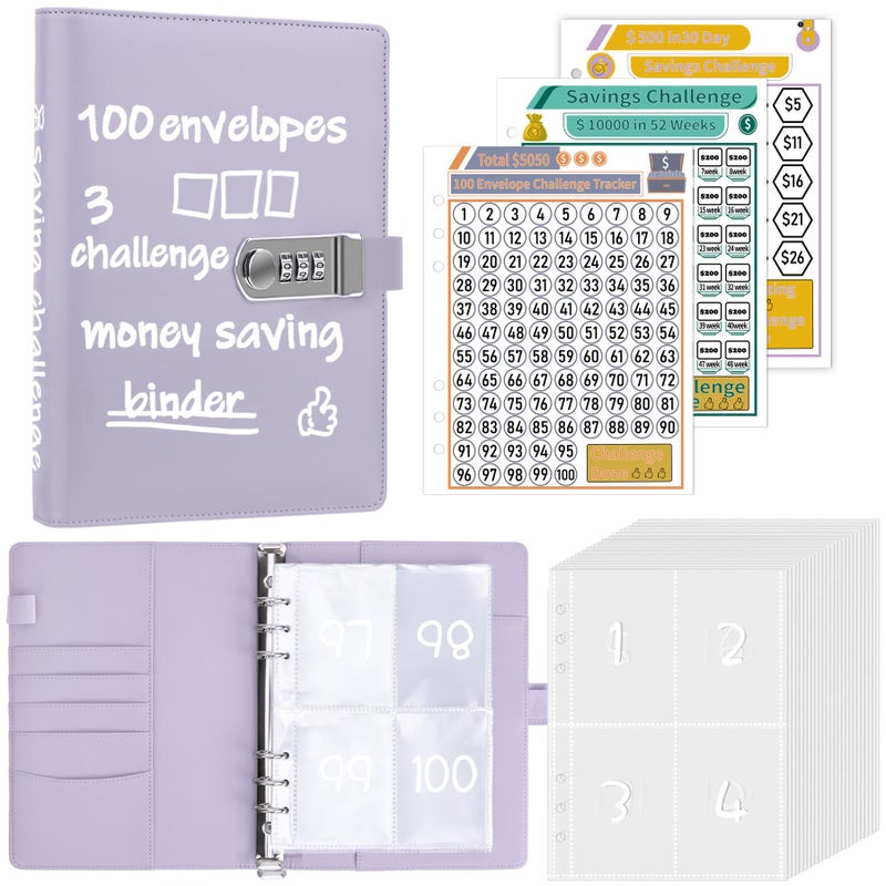 Antner 100 Envelopes Money Saving Challenge with Password Lock, A5 Savings Challenges Book Budget Planner with Cash Envelopes for Money Saving - Password Lock to Protect Cash Security, Purple - Image 1