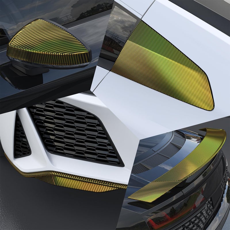 Foneso 2D Holographic Carbon Fiber Vinyl Wrap, High Gloss Gold Car Wrapping Vinyl Film with Air Release Technology Auto Sticker Decal Film Sheet, DIY Paint Replacement Wrap Roll 1ft x 5ft - Image 3